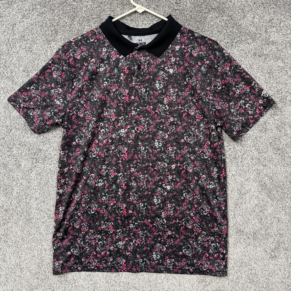 Under Armour Golf Polo Shirt Youth XL Black Pink Floral Eclectic Gorpcore Gothic